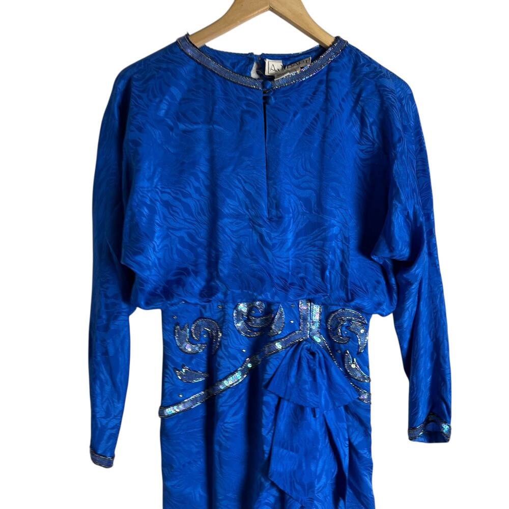 Vintage 80s d’ore Royal Blue Jewel Beaded Silk Jacquard Long Sleeve Dress Size 8 - Picture 10 of 11